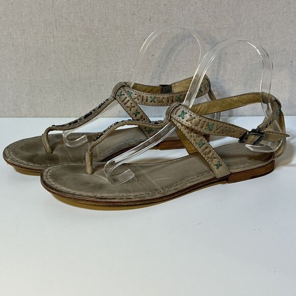Frye Carson Boho Natural Leather Beaded Thong Strappy Sandals Sz. 8.5 - Picture 3 of 8